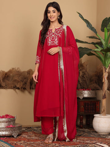 Varanga Women Magenta Embroidered Aline Kurta Paired With Tonal Bottom And Dupatta